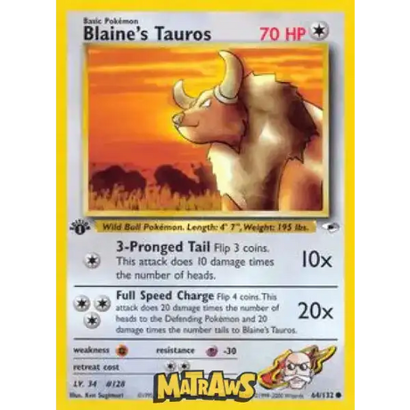 (064/132) Blaine's Tauros - 1st Edition Enkeltkort Gym Heroes 1st Edition 