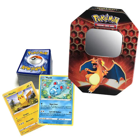 100 stk. forskellige Pokémon-kort + tom Pokémon-Tin Samlekort Matraws Pakketilbud 