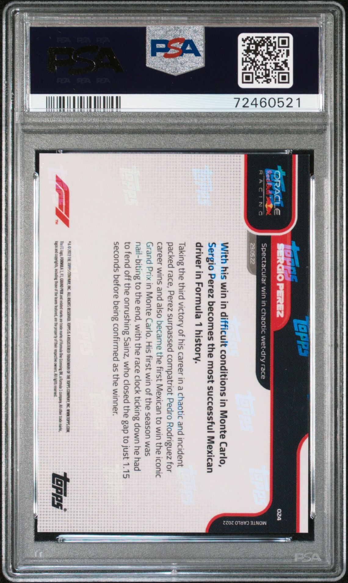 Sergio Perez #24 Red 2022 Topps Now Formula 1 PSA 10 - bagside