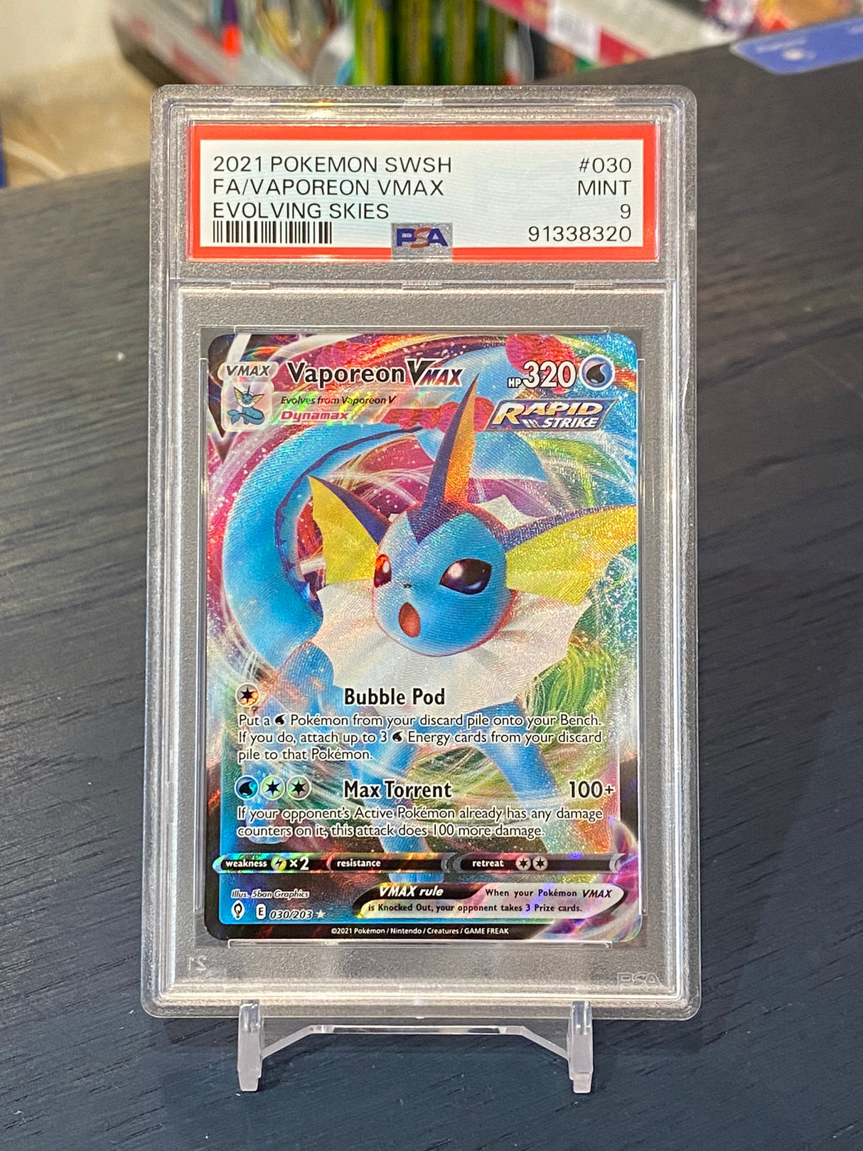 Pokemon Evolving Skies, 2021: Vaporeon VMAX #030 - PSA 9, Mint