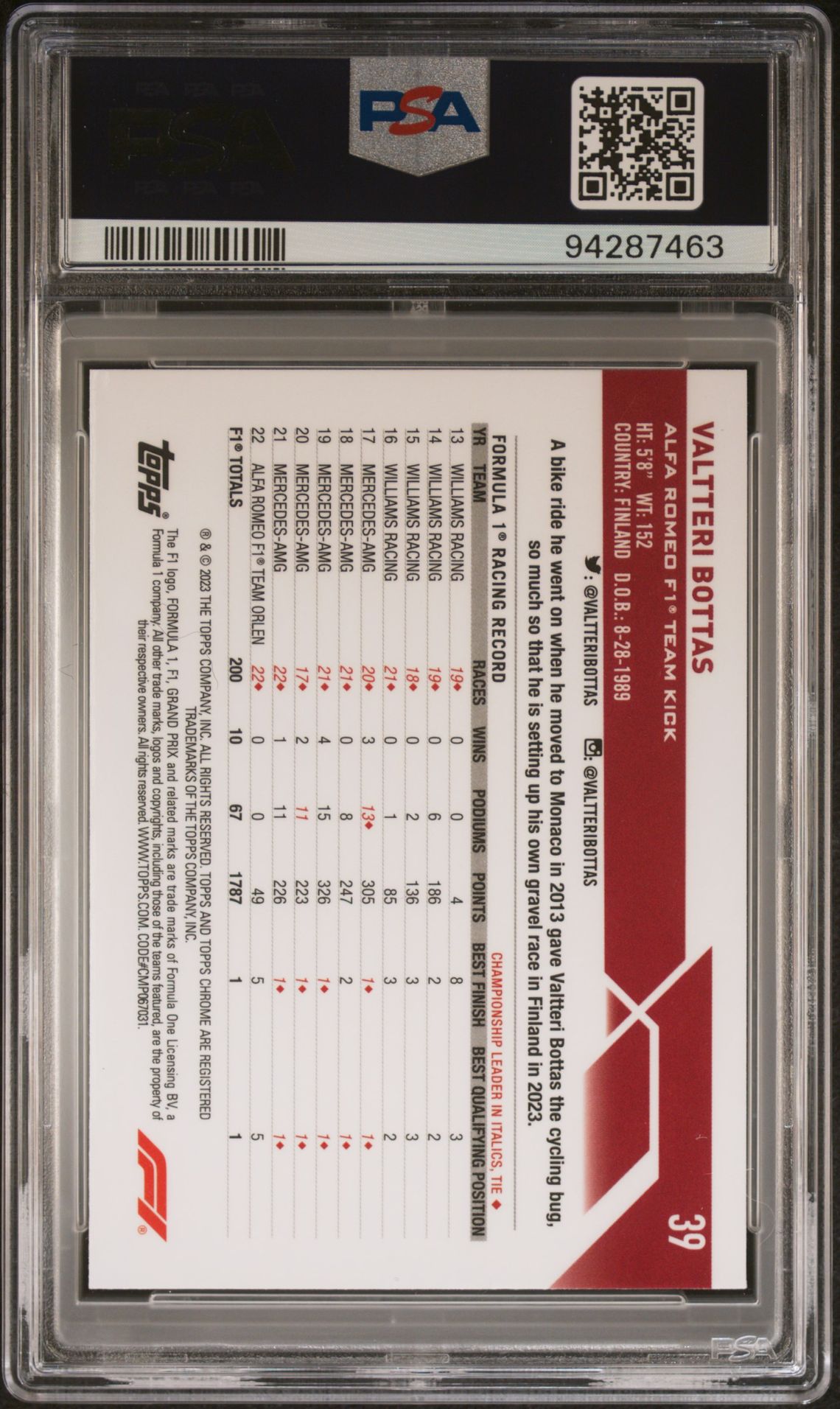 Valtteri Bottas #39 Gold Wave 2023 Topps Chrome F1 PSA 9 - bagside