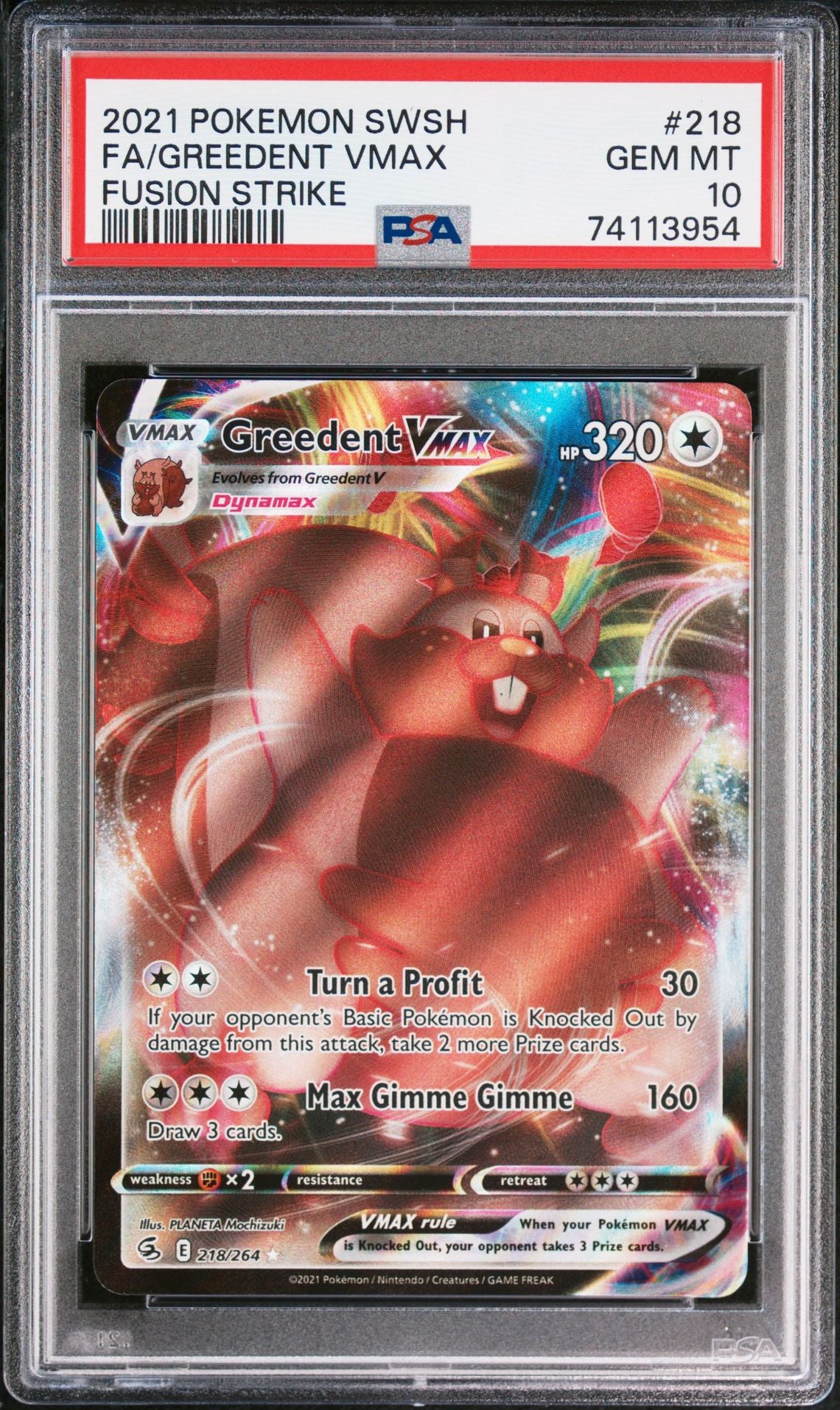 Greedent VMAX #218 Sword & Shield Fusion Strike PSA 10 - forside