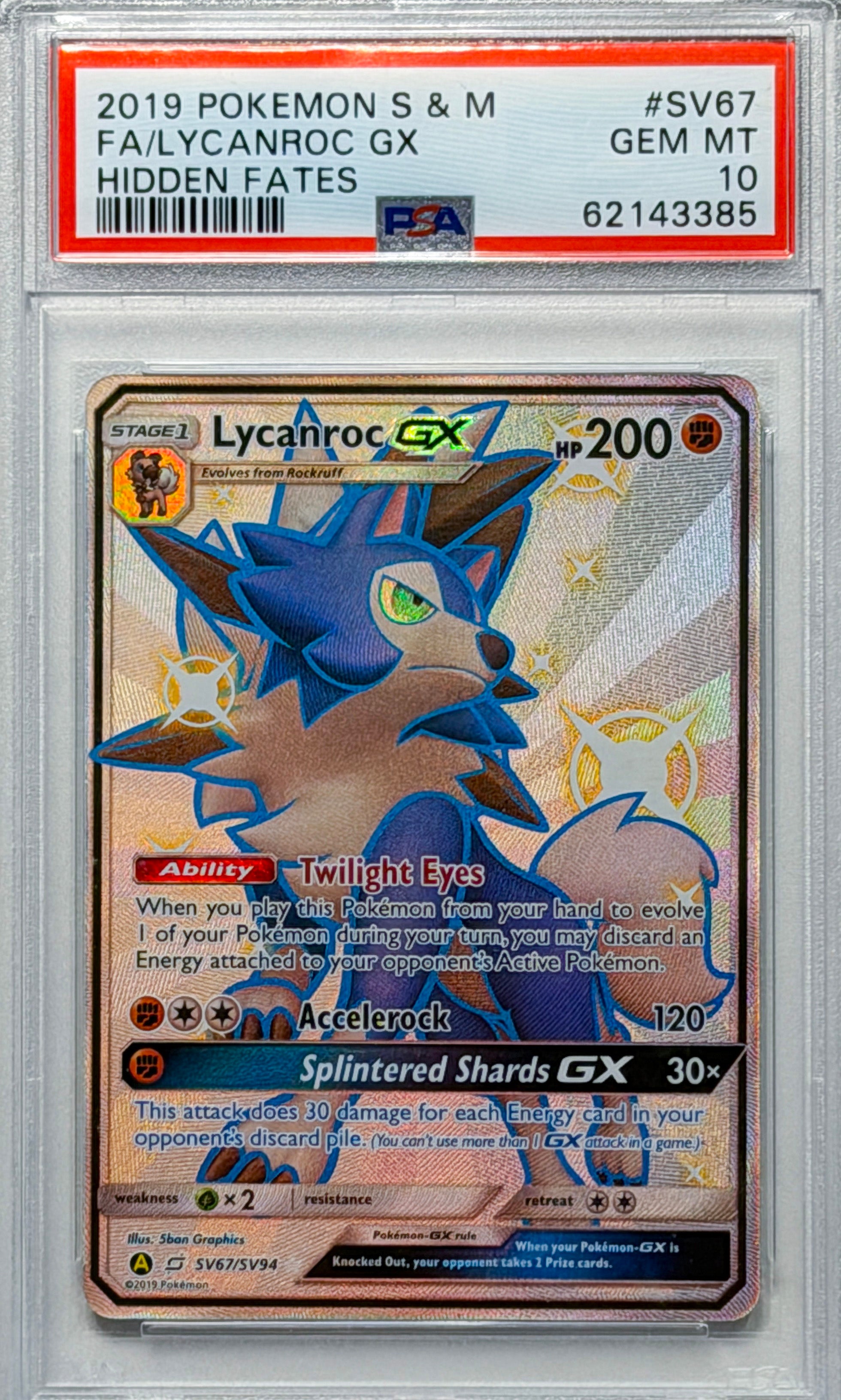 Lycanroc GX #SV67 Sun & Moon Hidden Fates PSA 10 - forside