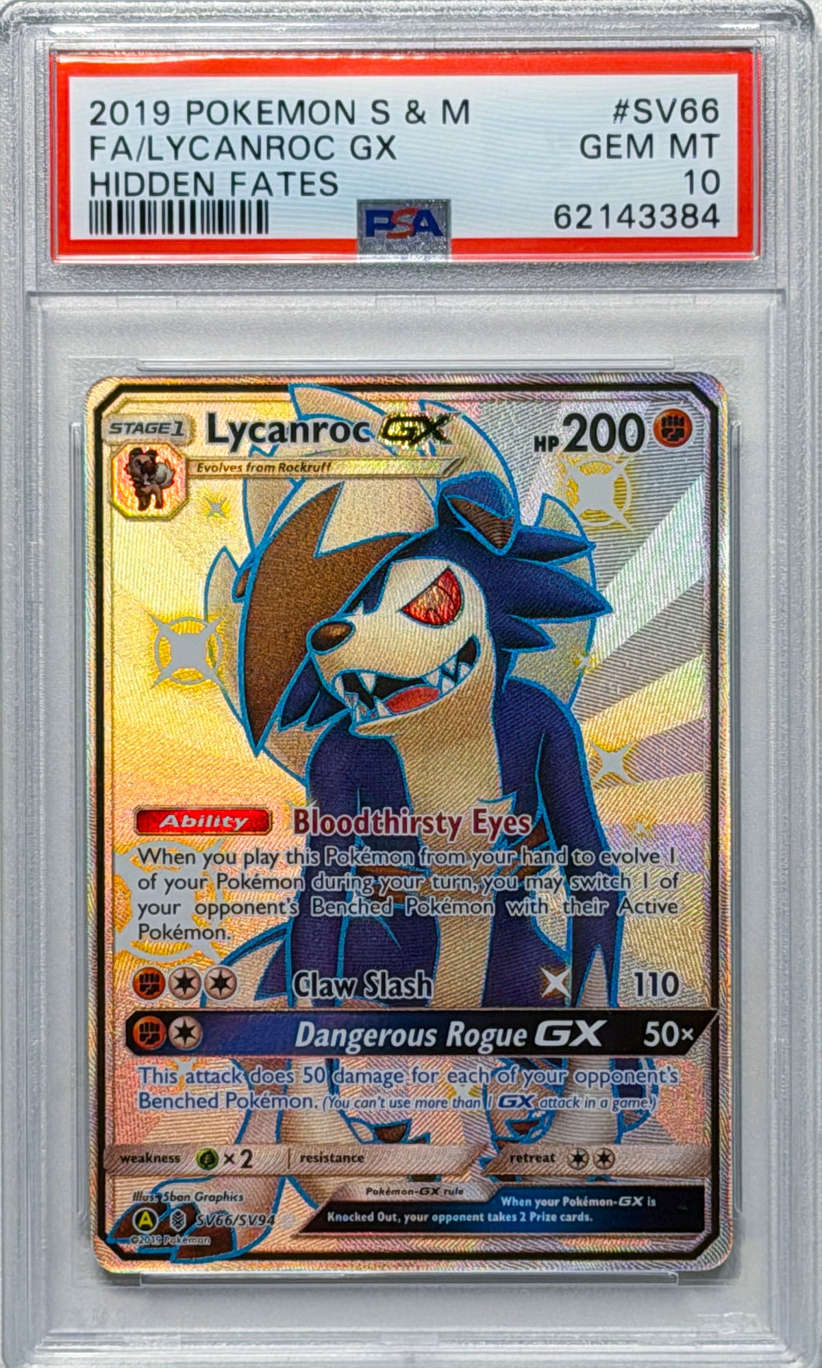 Lycanroc GX #SV66 Sun & Moon Hidden Fates PSA 10 - forside