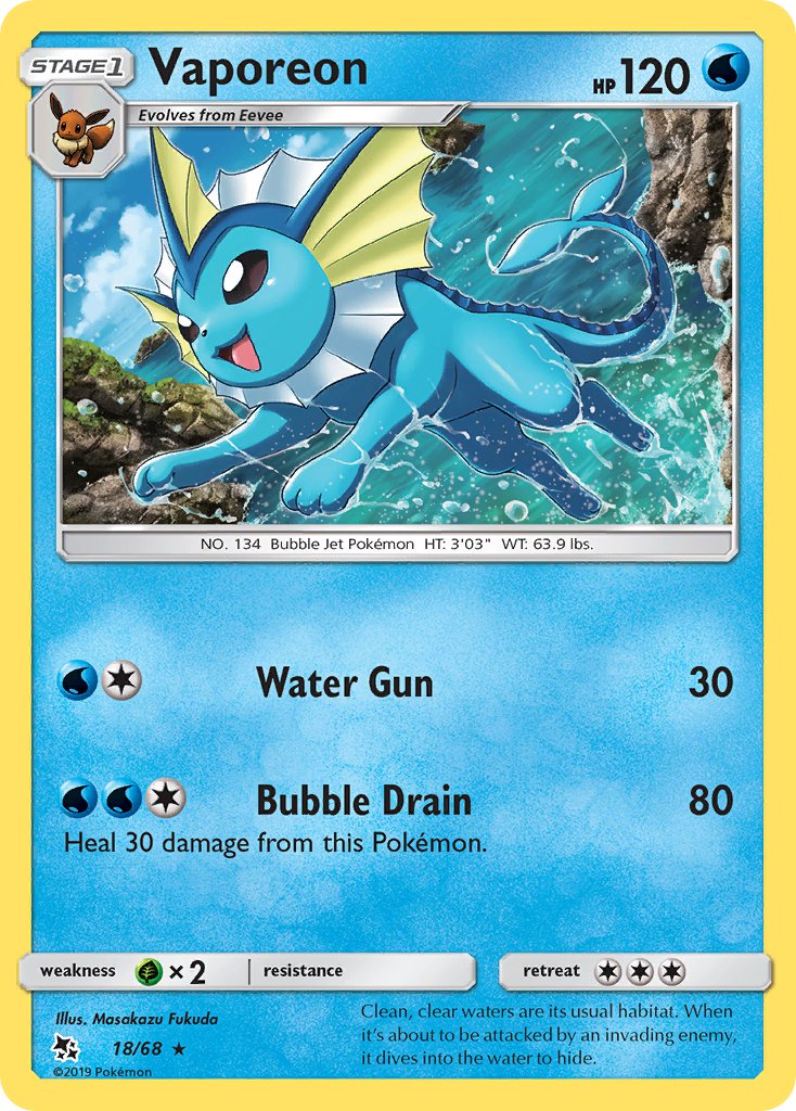 Vaporeon⁣ - Hidden Fates⁣ (Holo Rare)⁣ [18] English / Near Mint / Reverse-Holo Normal