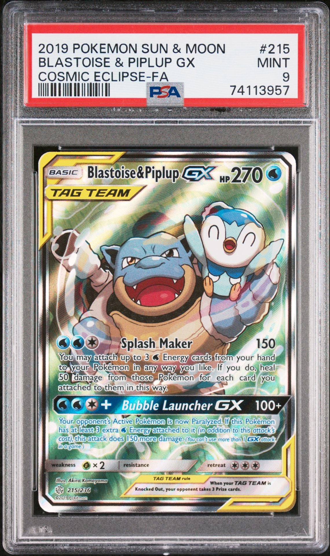 Blastoise & Piplup GX #215 Sun & Moon Cosmic Eclipse PSA 9 - forside