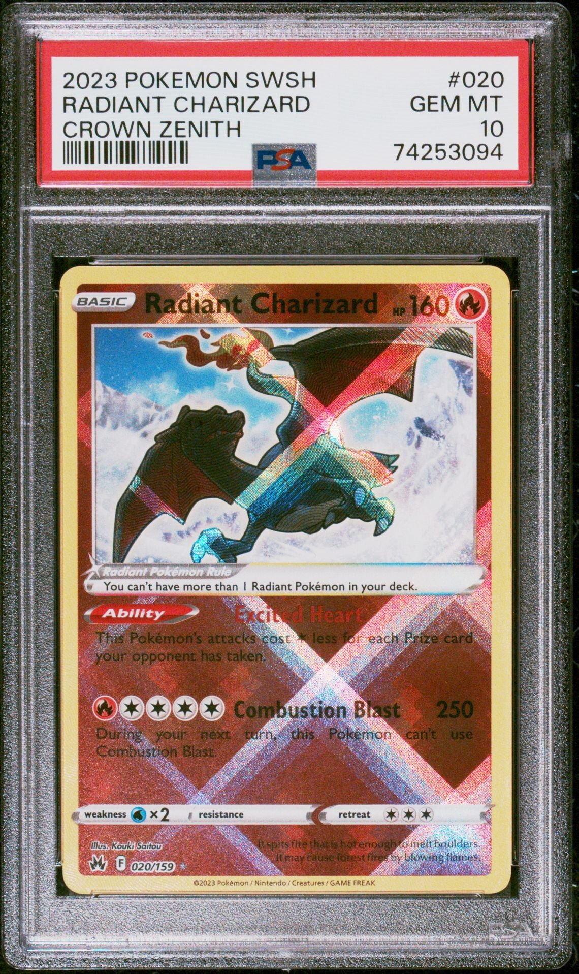 Radiant Charizard #020 Sword & Shield Crown Zenith PSA 10 - forside