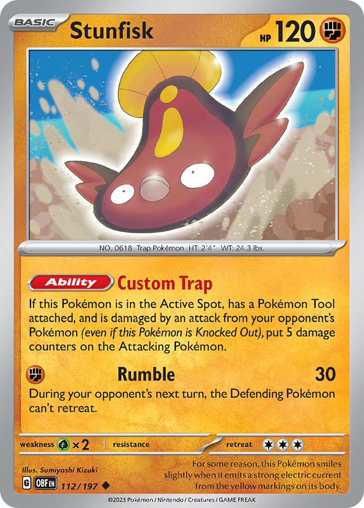 Stunfisk⁣ - Obsidian Flames⁣ (Uncommon)⁣ [112] English / Near Mint / Reverse-Holo Normal