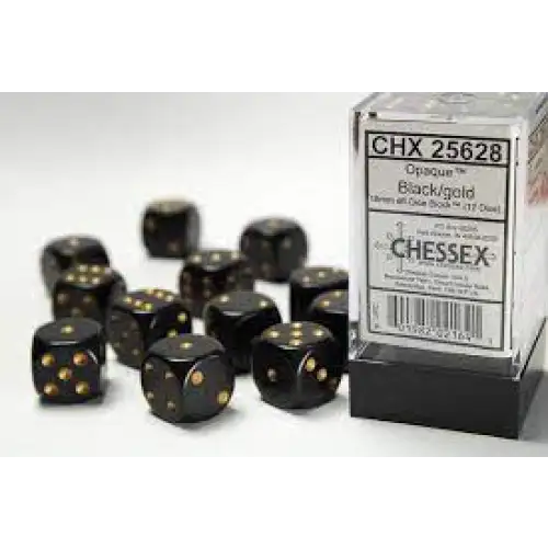 Terningesæt - 12 stk. 16mm D6 - Sort m. Guld Dice Sets & Games Chessex 