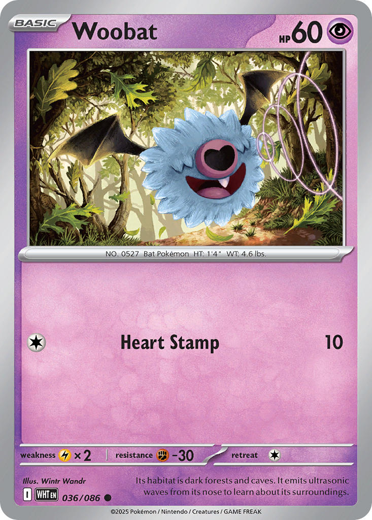 Woobat⁣ - White Flare⁣ (Common)⁣ [036] English / Near Mint / Reverse-Holo Normal