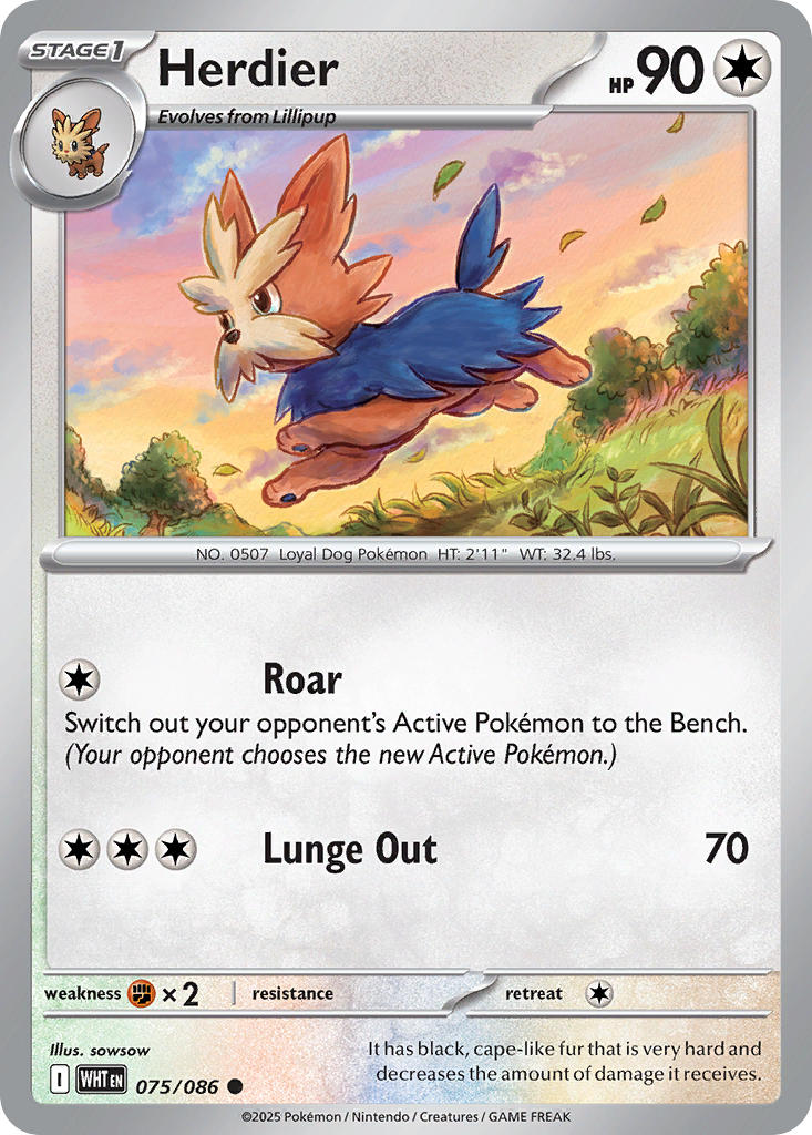 Herdier⁣ - White Flare⁣ (Common)⁣ [075] English / Near Mint / Reverse-Holo Normal