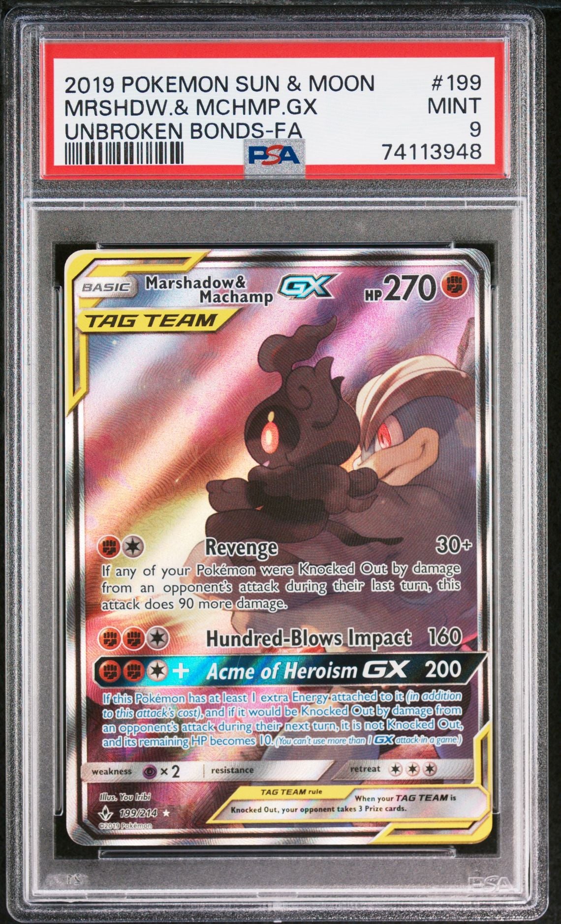 Marshadow & Machamp GX #199 Sun & Moon Unbroken Bonds PSA 9 - forside